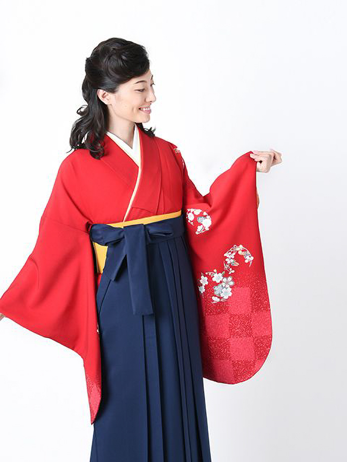 袴レンタル｜卒業式｜全国宅配｜赤地 花丸紋＋紺無地袴