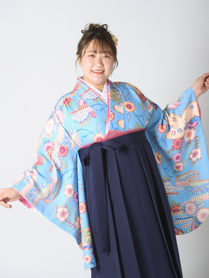 袴レンタル｜卒業式｜プラスサイズ 17号～33号｜紅型調 水辺に菊