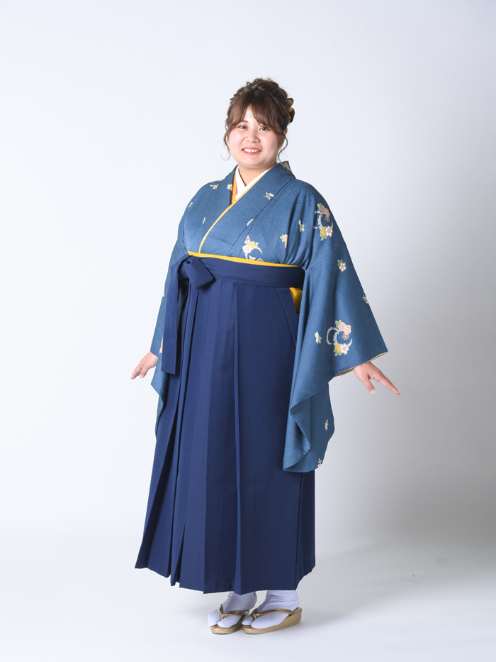 袴レンタル｜卒業式｜プラスサイズ 17号～33号 着物のみ｜紺 雪月花に飛び