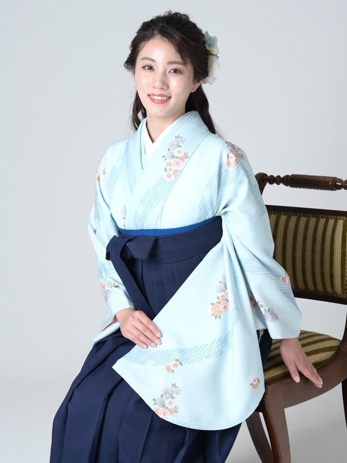 袴レンタル｜卒業式｜二尺袖 着物のみ｜ブルー 半月に花