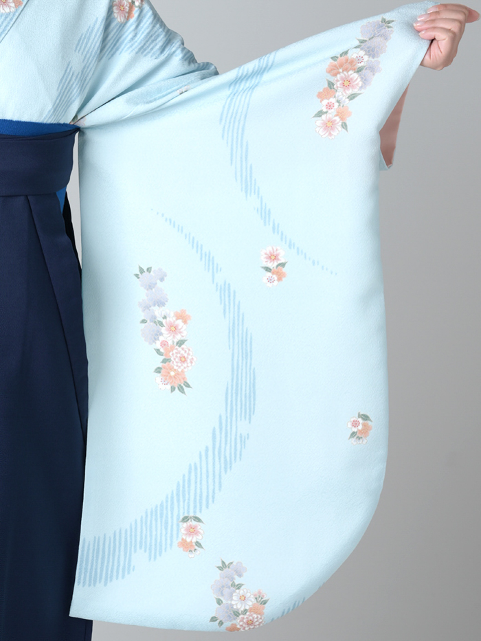 袴レンタル｜卒業式｜二尺袖 着物のみ｜ブルー 半月に花