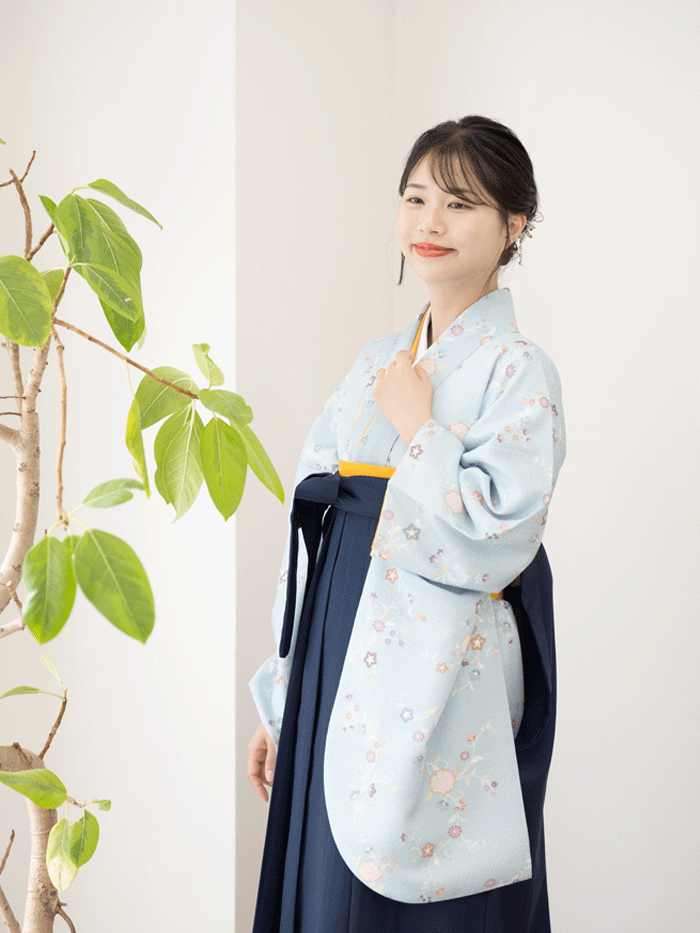 卒園★式部浪漫★水色市松羽織★袴★長着★小物★雪駄 袴レンタル｜卒業式｜二尺袖 着物のみ｜水色地 草花