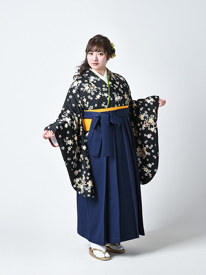 【プラスサイズ】【二尺袖＆袴レンタル】黒地 祝い小桜＋紺無地袴