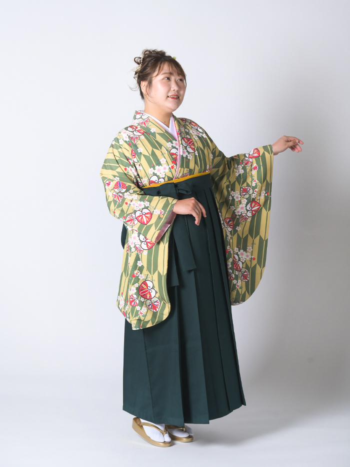 袴レンタル｜卒業式｜プラスサイズ 17号～33号｜矢絣 葵に桜 鶸