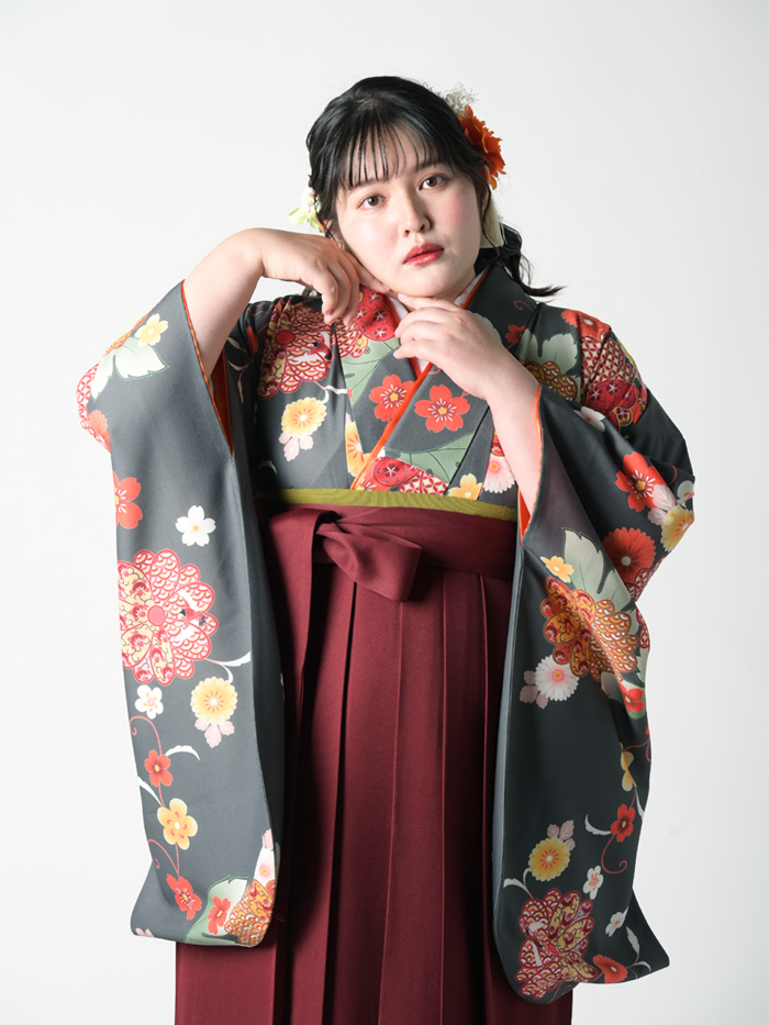 袴レンタル｜卒業式｜プラスサイズ 17号～33号｜菊唐草に鶴 抹茶