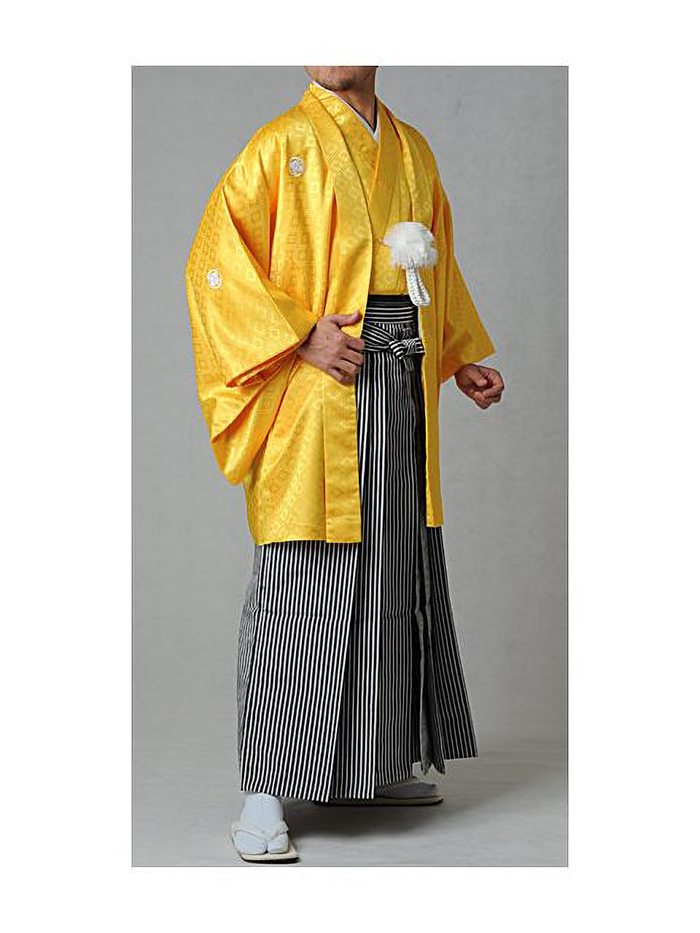 成人式｜二十歳の集い｜紋付袴レンタル｜全国宅配｜黄色無地＋ストライプ袴