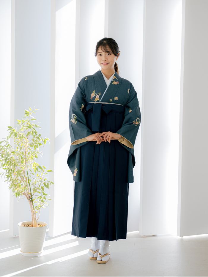 新コーデ【二尺袖＆袴レンタル】紺 雪月花に飛び＋紺無地袴 2221s_set