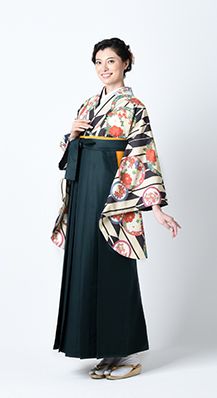 矢絣花丸紋 黒＋モスグリーン無地袴レンタル